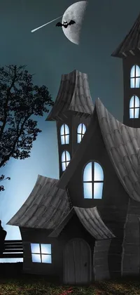 This phone live wallpaper features a spooky house with a full moon in the background