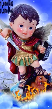 This phone live wallpaper features a colorful roman festival backdrop and a close up of a child statue with a sword