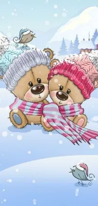 This furry "Teddy Bears" live wallpaper depicts a digital rendering of two adorable bears sitting in the snow