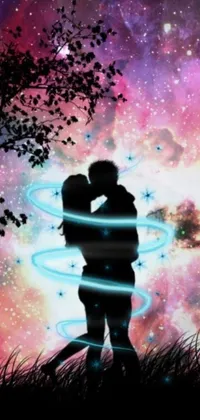 This stunning phone live wallpaper depicts a romantic couple kissing passionately under a sky filled with twinkling stars against a spiral nebula