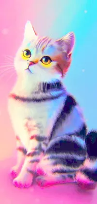 This live phone wallpaper features a realistic cat sitting atop a pink surface