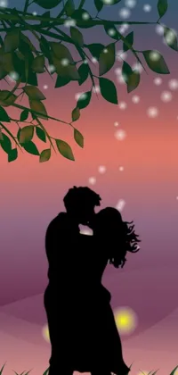 This mobile live wallpaper showcases a lovely digital art of a silhouette couple sharing a romantic kiss underneath a lush tree