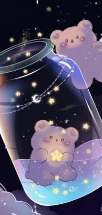 This digital live wallpaper showcases a delightful teddy bear enclosed within a glass jar, with a celestial background of stars and moons adding a soothing touch