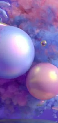 This phone live wallpaper features a digital rendering of a close-up of a cell phone, surrounded by vibrant iridescent bubbles and floating spheres of different sizes