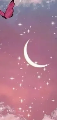 Be captivated with this magical realism-inspired phone live wallpaper featuring two beautiful butterflies flying in the sky against a dreamy backdrop of soft pink and a crescent moon