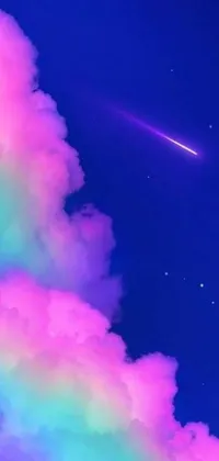This phone live wallpaper features a rainbow colored cloud set against a stunning dayglo pink blue and violet spike smoke nebula background