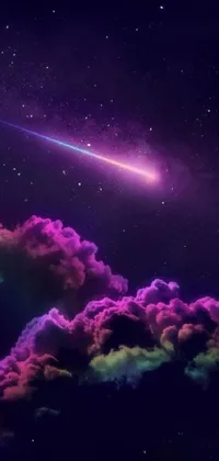 Decorate your phone screen with this mesmerizing live wallpaper featuring a colorful comet against a scenic purple sky
