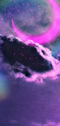 This phone live wallpaper boasts a fascinating crescent moon in a digital art style, against a dusky purple sky