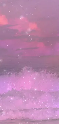 This live wallpaper features a breathtaking digital art of a surfer riding atop of a huge wave in various shades of pink and violet