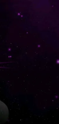 This phone live wallpaper depicts a hand holding a futuristic cellphone glowing in vivid purple hues against a dark nebula background