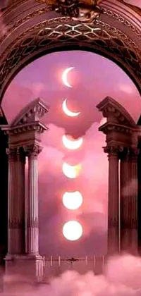 This incredible phone live wallpaper showcases a stunning digital art that features an arch in the sky with the moon in the background, surrounded by a surrealistic environment with various light pink tonalities