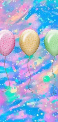 Add some color and life to your phone with this animated live wallpaper! Featuring colorful balloons against a playful, whimsical backdrop, this digital painting has a holographic texture and a pastel glaze that lends it a charmingly magical quality