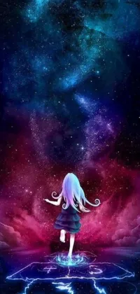 This live wallpaper showcases a serene girl standing in an endless ocean with space-themed galaxy colors dominating the background