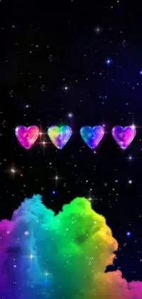 This live phone wallpaper presents a stunning holographic activation of rainbow hearts