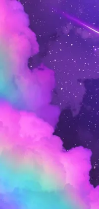 This striking phone live wallpaper features a rainbow-colored cloud set against a purple nebula background with a shooting star racing past in the distance
