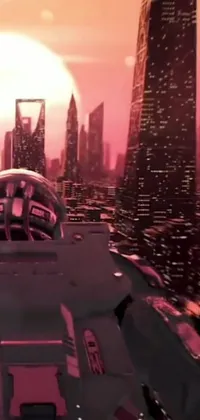 This live wallpaper features a futuristic spaceship floating over a city on the iconic Cybertron planet at sunset