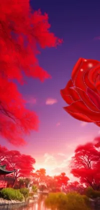 This phone live wallpaper features a stunning digital painting of a red rose atop a green field