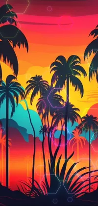 This mobile wallpaper showcases a vivid and striking sunset in a lush jungle