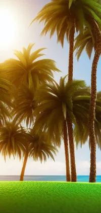 This phone live wallpaper features a tropical beach scene with a group of swaying palm trees on a vibrant green field