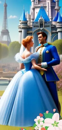 This stunning phone live wallpaper showcases a beautiful scene of a man and a woman standing in front of a grand castle