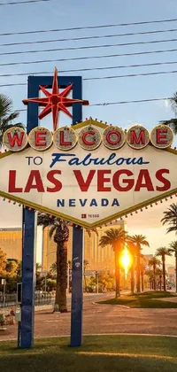 Sign Lights Up At Night With Palm Trees And A Sign To Las Vegas Background,  Picture Las Vegas Sign Background Image And Wallpaper for Free Download