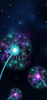 This phone live wallpaper boasts a stunning depiction of purple and blue flowers with a space art background featuring twinkling stars