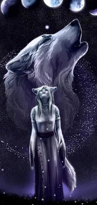 This live wallpaper for phones features a breathtaking image of a white wolf and a woman in a dress, set against the tranquil backdrop of endless stars