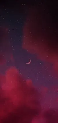 This live wallpaper showcases a serene night scene with a beautiful crescent moon and fluffy clouds in the sky