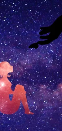 This phone live wallpaper features a surreal and dreamy scene, with a woman sitting on top of a bed under a starry night sky