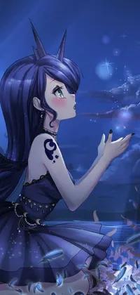 This phone live wallpaper features an anime drawing of a purple-dressed girl standing in front of a full moon