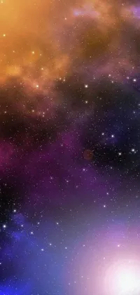 This live phone wallpaper features a digital art style space scene with purple and orange colors