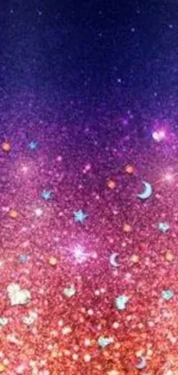 This phone live wallpaper boasts a visually stunning background in shades of purple and blue, adorned with vivid celestial elements like stars and the moon, and a glittering sheen
