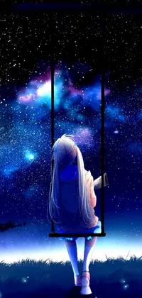 This live wallpaper for your phone showcases a enchanting anime illustration of a girl on a swing staring up at the stars