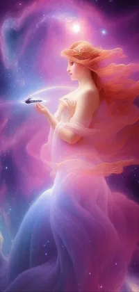 This magical phone live wallpaper showcases a beautiful digital painting of a woman holding a modern cell phone
