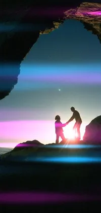 This stunning live wallpaper features two individuals holding hands in a cave