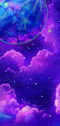 This stunning live wallpaper features a digital painting of a planet surrounded by clouds and stars against a purple background with tarot card graphics