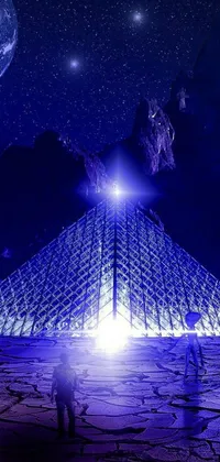This phone live wallpaper displays a digital art depiction of a group of individuals standing amidst a captivating blue light display in front of a pyramid made of lapis lazuli