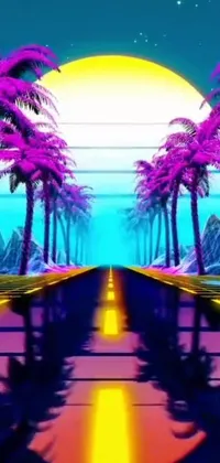 This incredible phone live wallpaper features a mesmerizing sunset scene complete with towering palm trees and a neon road leading to the sea
