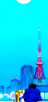 This live phone wallpaper features a romantic scene of a couple standing in front of the Eiffel Tower with a red sky backdrop