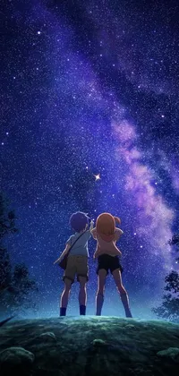 This phone live wallpaper features a stunning space themed art with a lush green field and colorful clematis flowers in the sky
