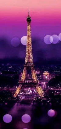 This phone live wallpaper showcases a stunning digital art version of the Eiffel Tower lit up at night against a purple backdrop