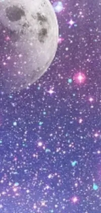 Looking for a surreal addition to your phone background? Look no further! This live wallpaper features an image of a full moon in the night sky, decorated with purple sparkles against a purple tumblr-styled hue