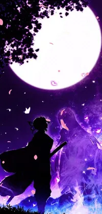 This live wallpaper showcases a serene fantasy scene of a person standing in the lush green grass gazing up at the stunning purple sky illumined by the moon