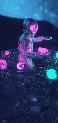 This visually stunning phone live wallpaper features a space adventurer in a futuristic suit exploring a mesmerizing hologram made of glowing orbs, while multiple moons shine in the background