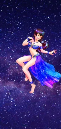 This phone live wallpaper features a gorgeous woman dressed in blue and flying gracefully through a backdrop of shimmering stars and colorful galaxies