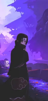 This phone live wallpaper portrays a mysterious figure dressed in a dark robe, standing in front of a purple sky