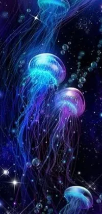This mesmerizing live wallpaper showcases a stunning scene of jellyfish and stars in the ocean
