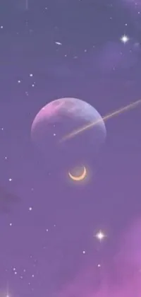 This stunning phone live wallpaper features a pink and purple sky adorned with twinkling stars and a crescent moon, shining its golden light over the scene