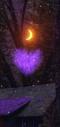 This stunning live wallpaper features a house in the woods at night, adorned with a fantasy-inspired purple ancient antler deity and a glowing heart