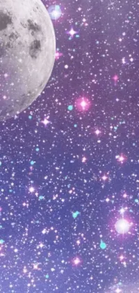 Achieve a celestial look for your phone with this exquisite live phone wallpaper! The digital art features a middle-close shot of a full moon in the sky, complete with purple sparkles that add a touch of magic to the overall space art aesthetic
